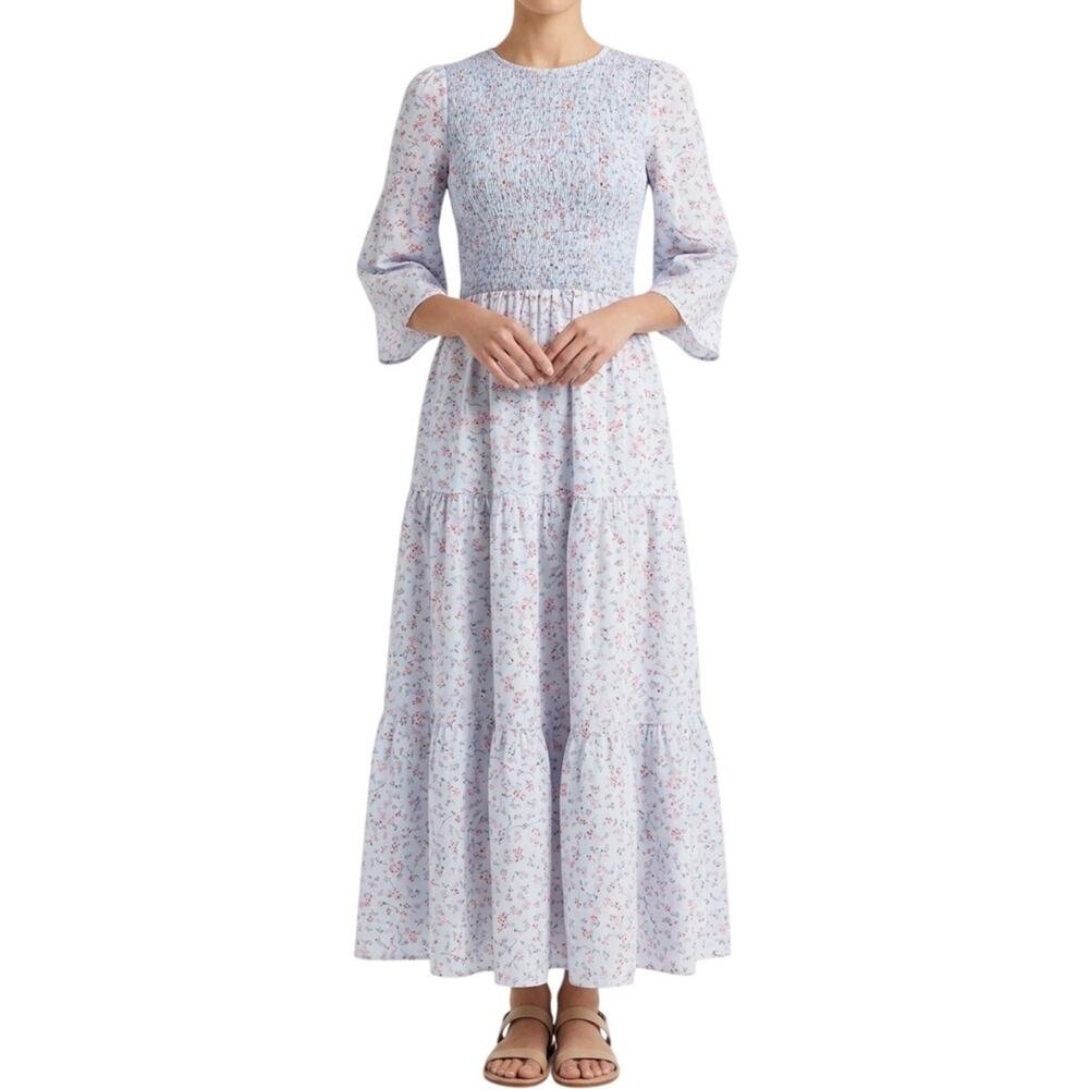Melloday Smocked Tiered Floral Maxi Dress Women XS Light Blue Pink Cottagecore
